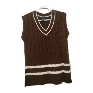 Runway Cable Knit Vest Preppy Knitted Sweater Long Brown Off White Trim  Sz XL